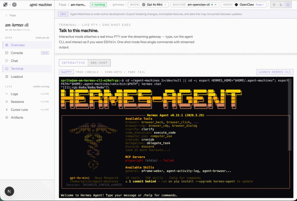 Hermes running in the Agent Machines browser console