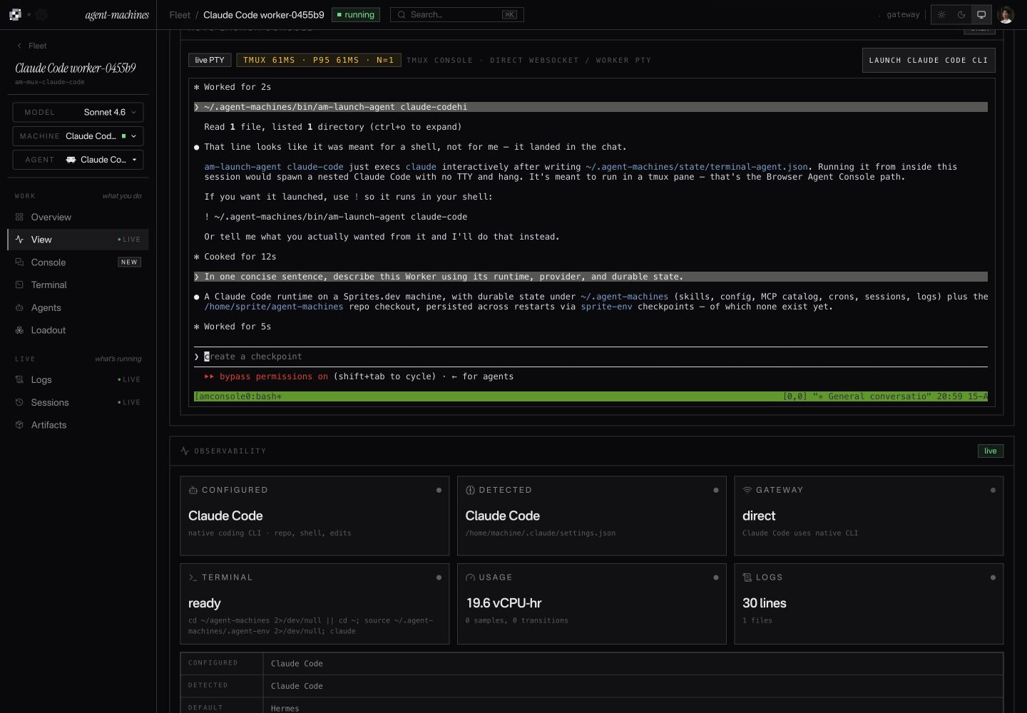 Claude Code answering a question inside an Agent Machines Worker console on Sprites