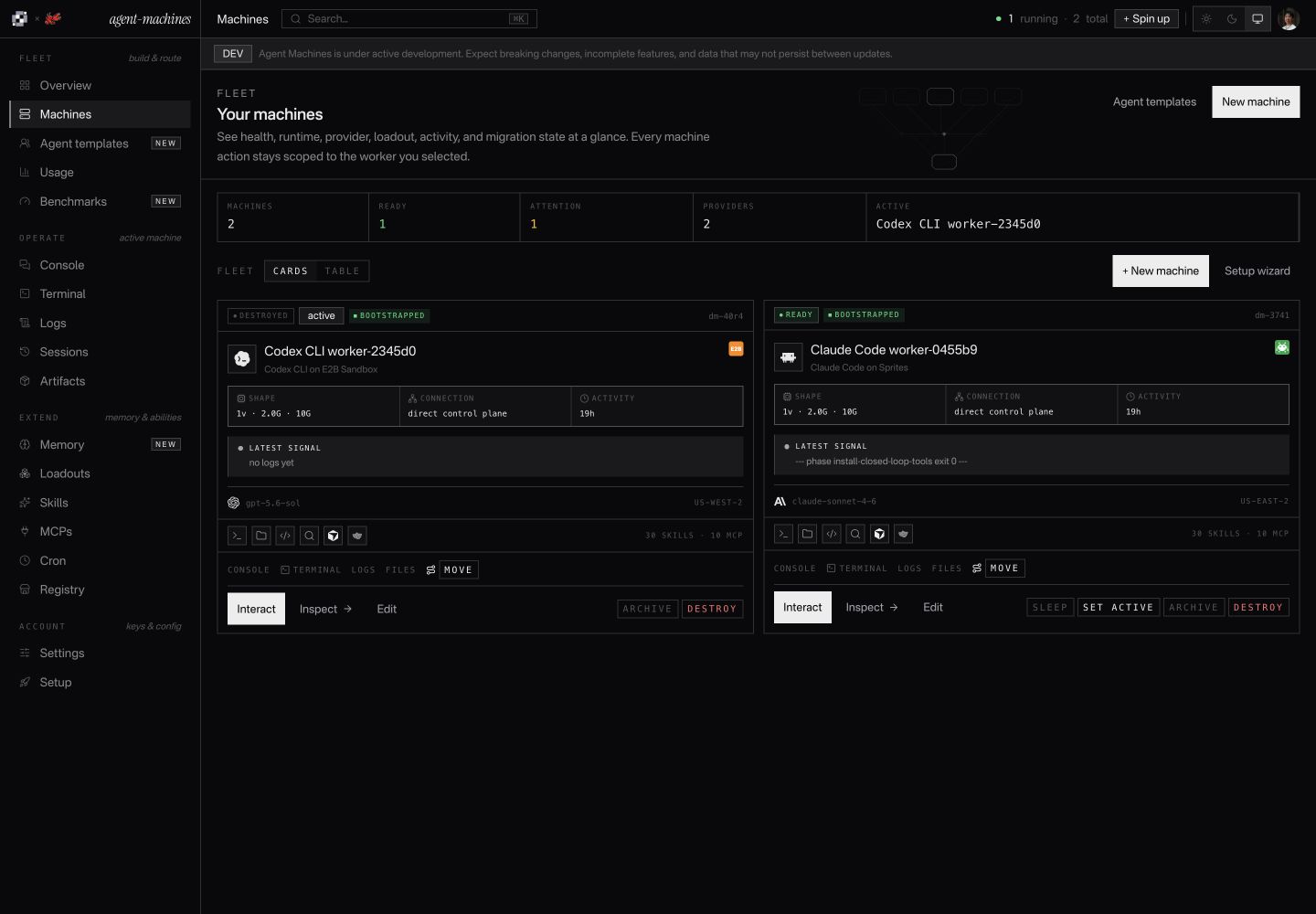 Agent Machines fleet showing Codex and Claude Code Workers and their machine controls