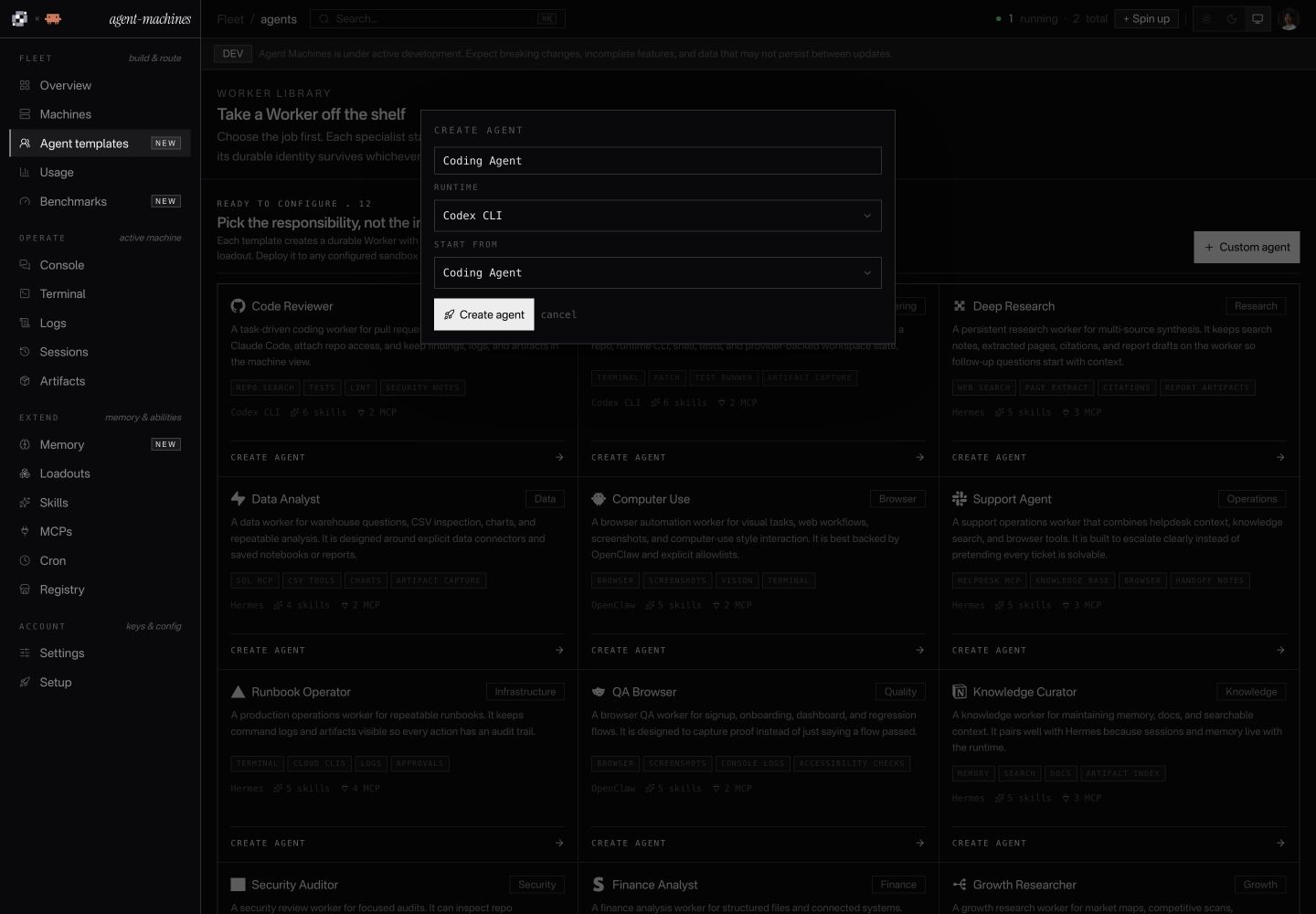 Worker configuration dialog with a name, runtime, and specialist recipe